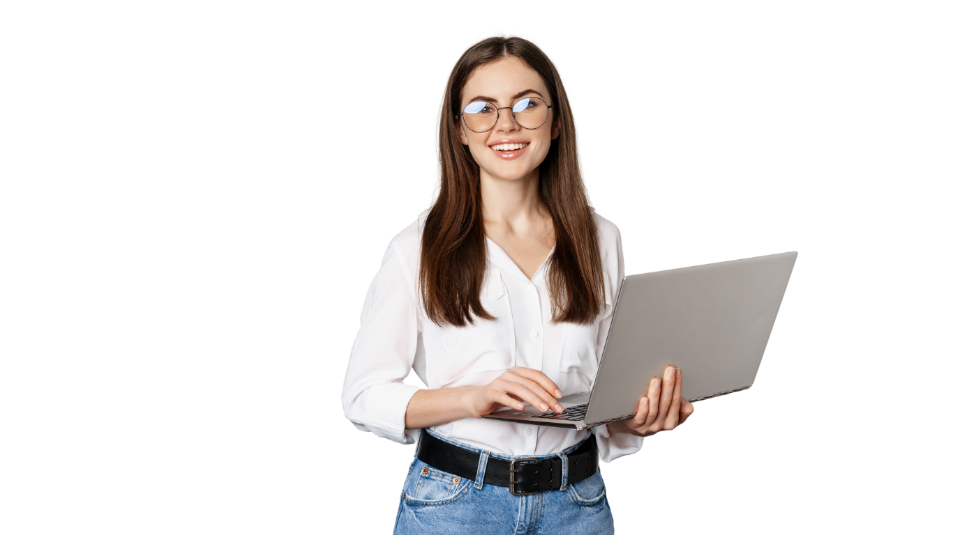 Business professional holding a laptop