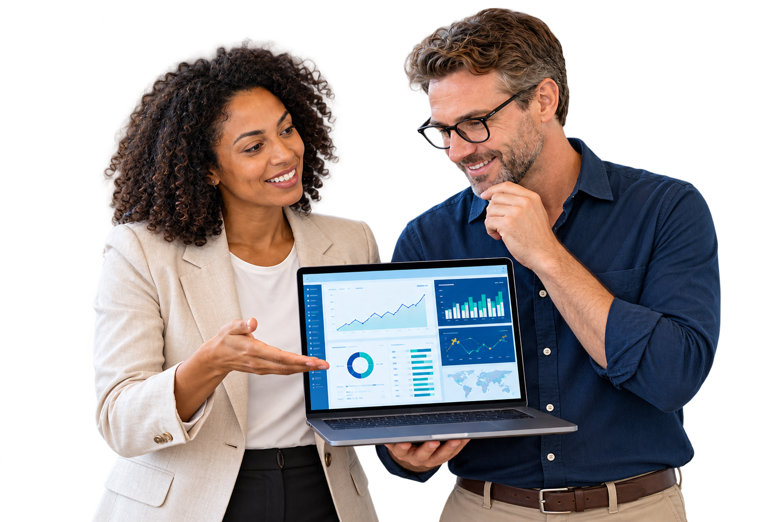 Business partners reviewing analytics software dashboards together